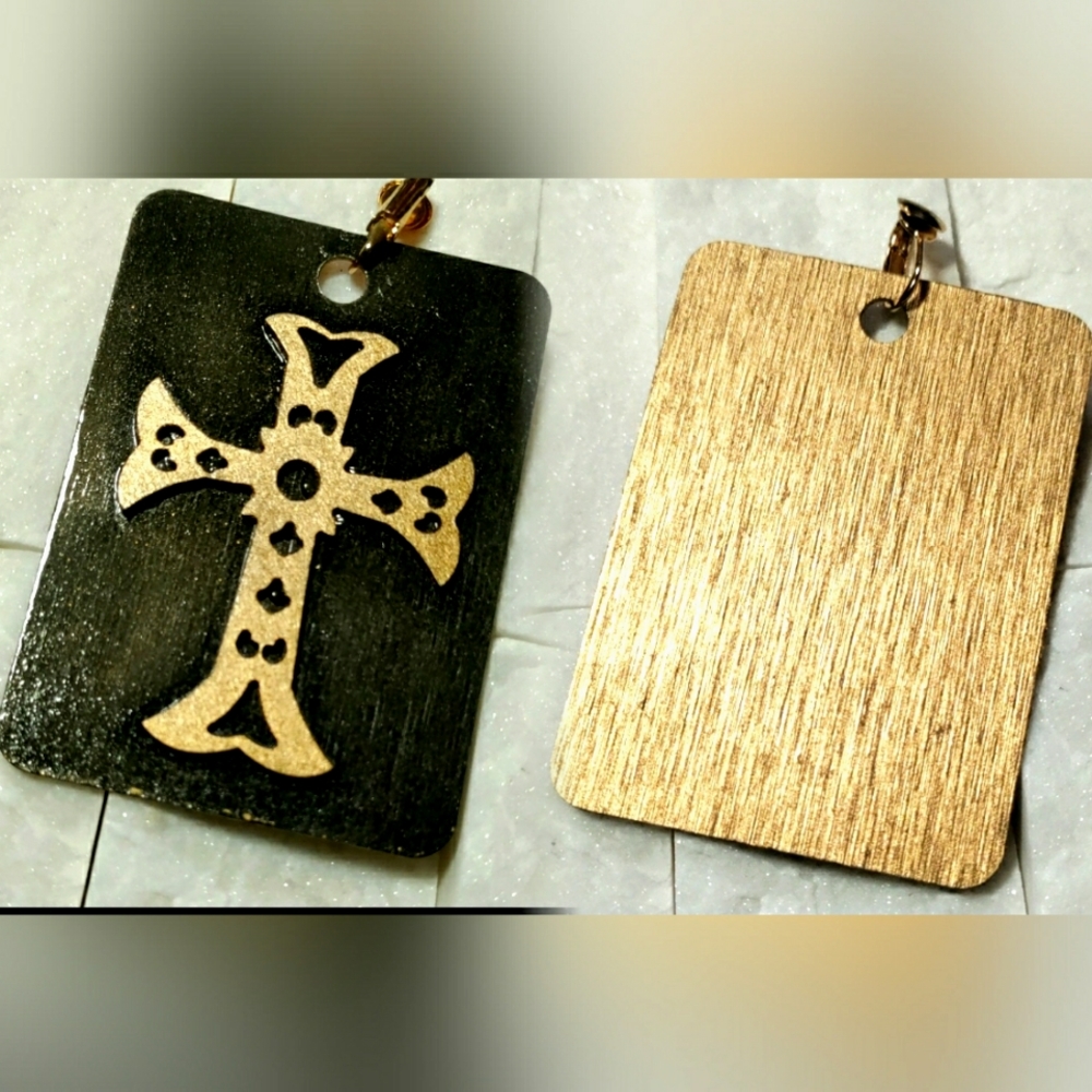 NEW Handmade Charm Pendant! Brushed Blk Aluminum. Wood Victorian Steampunk Cross